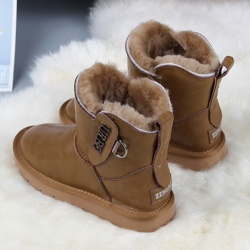 皮面雪地靴冬季羊毛加绒加厚棉鞋