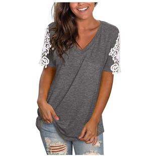 Neck Lace Sleeve Casual Womens Shirt Ladies Short Loose