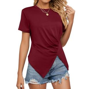 Irregular Neck Slit Ladies Pleated Tops Womens Round