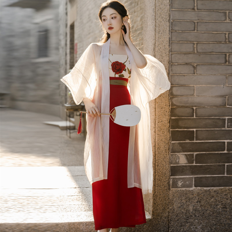 新中式国风改良宋制汉服日常古风广袖留仙裙汉元素连衣裙三件套装
