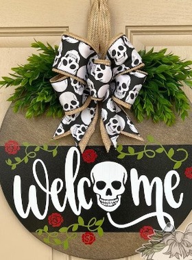 跨境新品 万圣节白色幽灵BOO白色骷髅头门牌装饰牌木质工艺品挂件