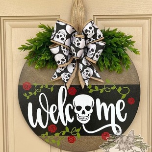 跨境新品 饰牌木质工艺品挂件 万圣节白色幽灵BOO白色骷髅头门牌装