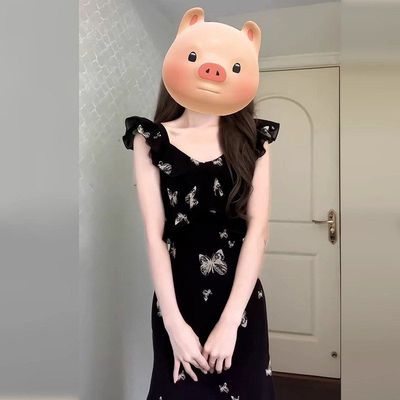 法式复古飞飞袖荷叶连衣裙女学生夏季新款收腰显瘦方领长裙女装