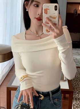 氛围感气质灰色t恤女针织衫2023早秋新款女装修身显瘦长袖上衣女