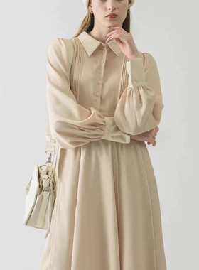idem 纯色细褶小翻领长袖双色拼接收腰气质连衣衬衫裙