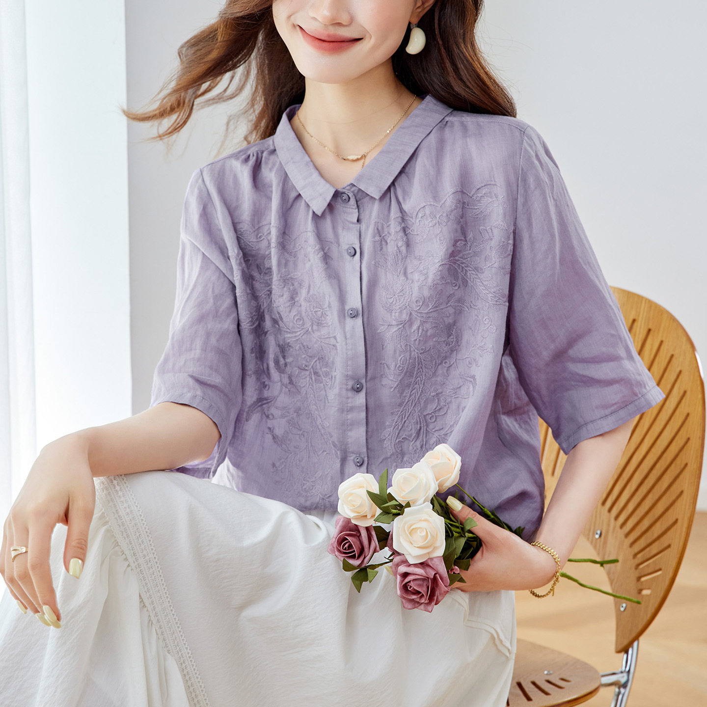 棉茧 紫色绣花衬衫女短袖2026夏装新中式国风上衣气质轻熟衬衣