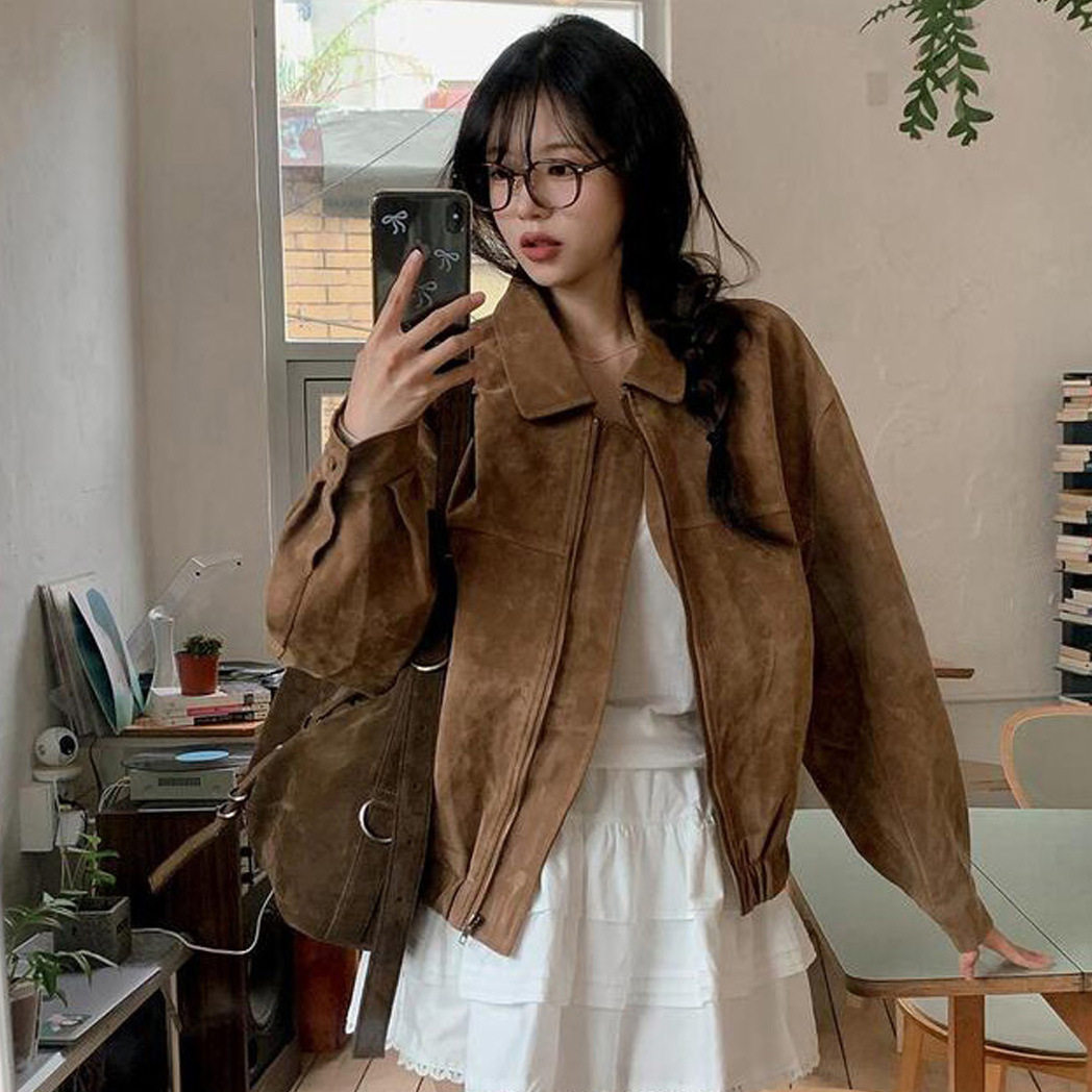 秋冬新款法式美拉德复古棕色系宽松鹿皮绒棒球服帅气机车夹克外套,运动服/休闲服装,棒球服,淘宝优惠券,粉丝福利购,淘宝优惠卷