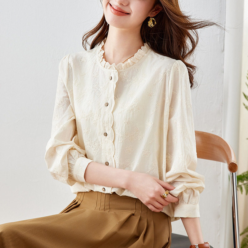 棉茧 杏色绣花衬衫女长袖2026春装蕾丝木耳领上衣纯棉女式衬衣