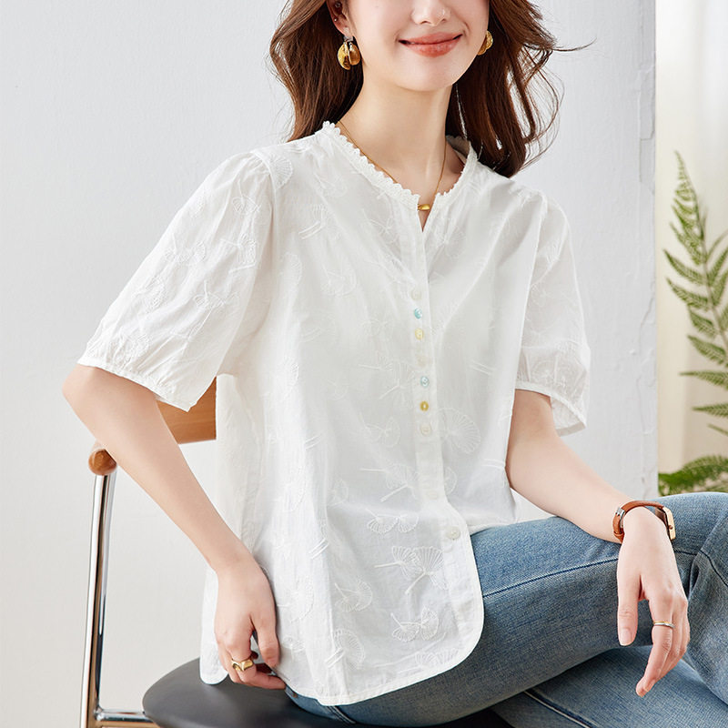 棉茧 蕾丝花边圆领衬衫女短袖2026夏装新款气质轻熟纯棉绣花衬衣