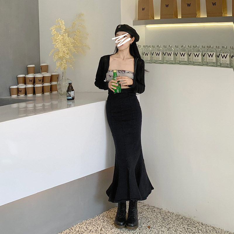 牛仔开叉半身裙女春季新款高腰中半身裙