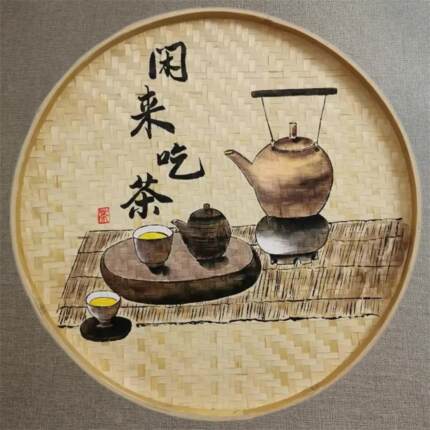复古手绘装饰画茶室竹编簸箕画田园煮茶系列农村挂壁餐厅户外装饰