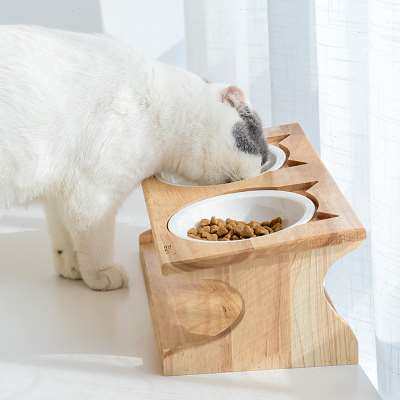 猫碗陶瓷双碗猫食盆斜面护颈不锈钢狗碗水碗实木碗架餐桌猫咪用品