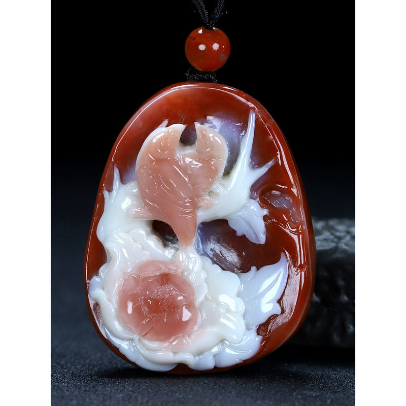 天然凉山南红玛瑙柿子红 花鸟 相亲相爱吊坠挂件男女款77号