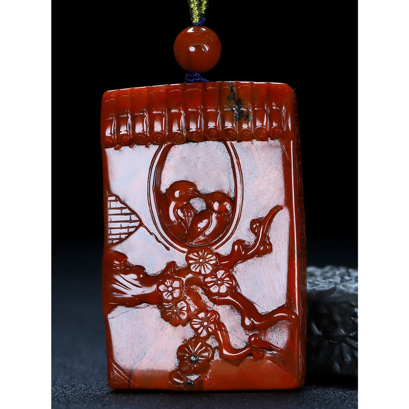 天然凉山南红玛瑙柿子红 花鸟 双喜临门吊坠挂件男女款71号