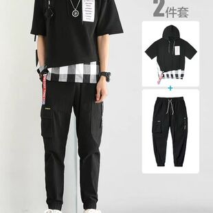 春夏季男士短袖t恤韩版宽松潮流百搭连帽半袖卫衣ins嘻哈情侣上衣