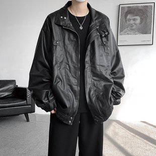 日工装 新款 上市系立领PU皮衣外套男美式 高街痞帅机车服夹克大码