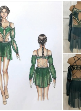花样滑冰服表演服儿童成人女童比赛考级裙子绿色闪亮舞蹈D34