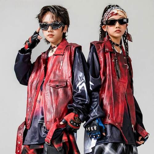 街舞儿童潮服架子鼓演出服男女童新款嘻哈痞帅风红色皮衣马甲套装