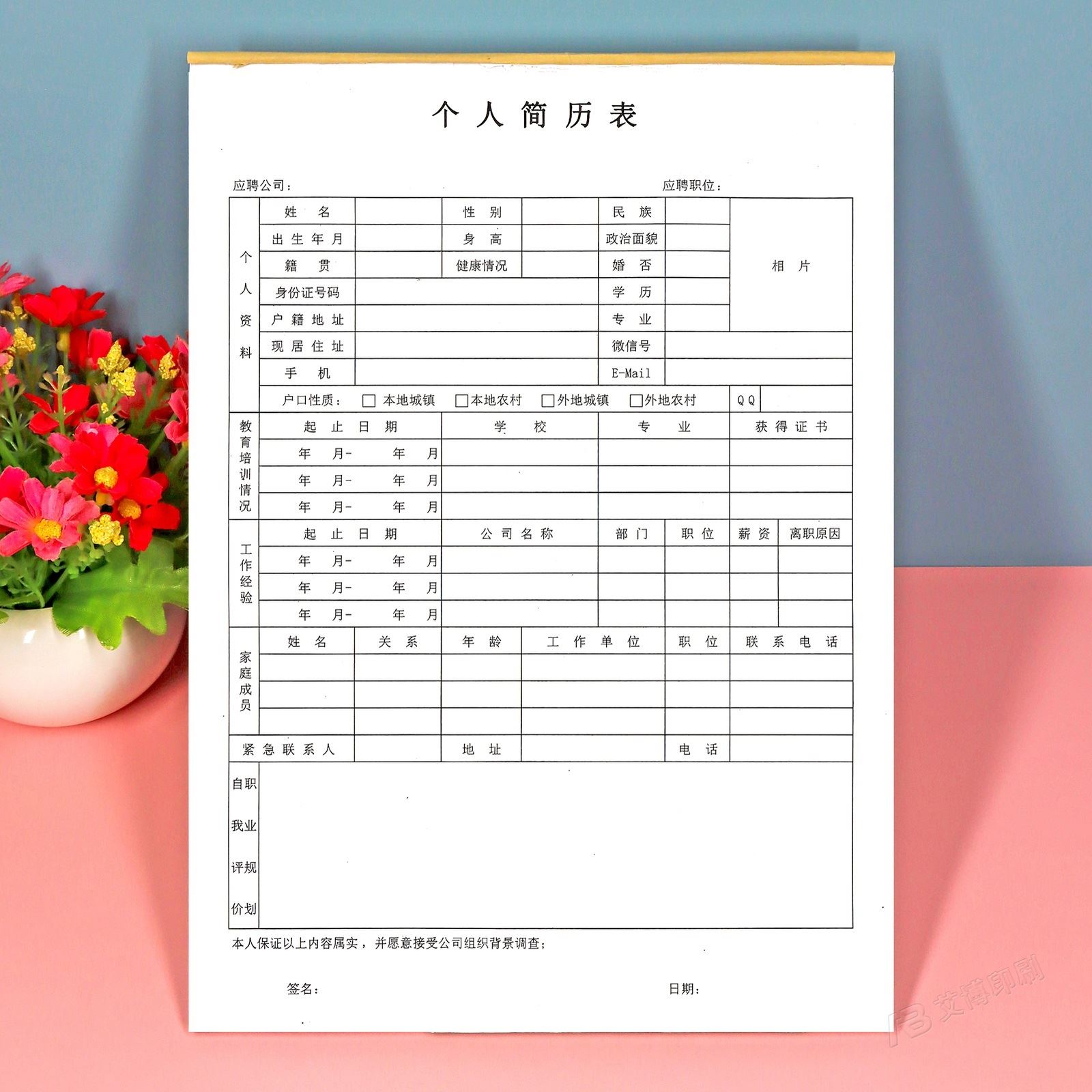 个人面试简历表定制空白表格纸通用员工转岗大学生求职应聘登记表