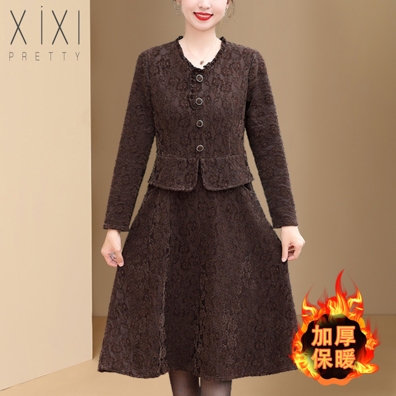 2024新款妈妈冬季加绒加厚连衣裙