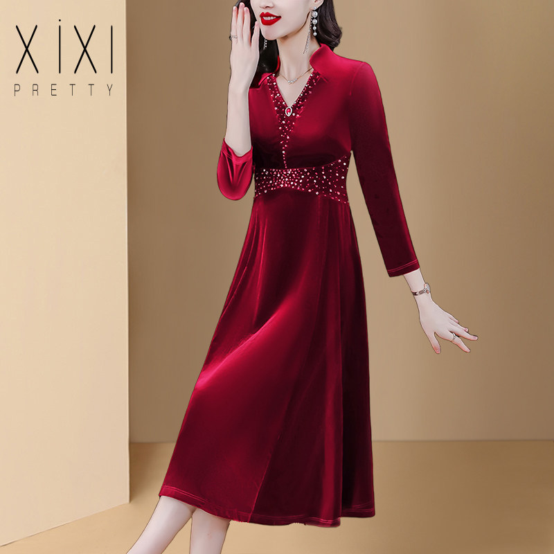 女士品牌高贵丝绒喜婆婆连衣裙女长袖V领收腰钻饰妈妈礼服婚宴装