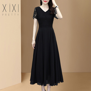 洋气裙子气质中老年大码 时尚 新款 中年妈妈高档连衣裙黑色蕾丝夏装