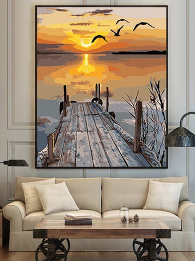 黄昏时的美丽浪漫观海木桥diy数字油画手绘家居墙壁装饰挂画