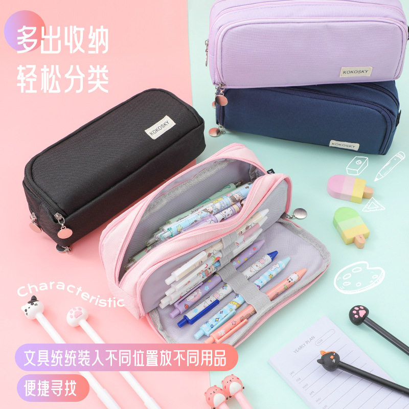 现货双开帆布笔袋多层大