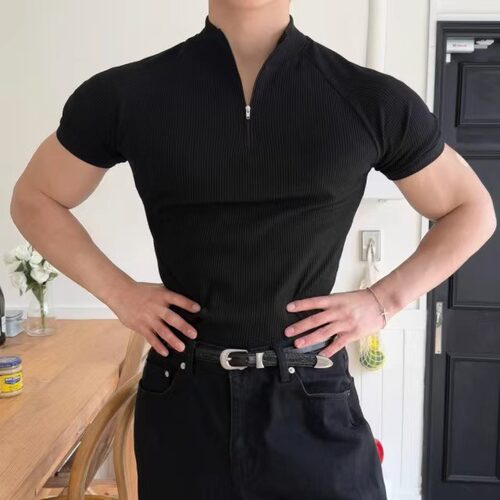 半拉链运动短袖男士夏季修身显肌肉高弹训练健身兄弟休闲百搭T恤