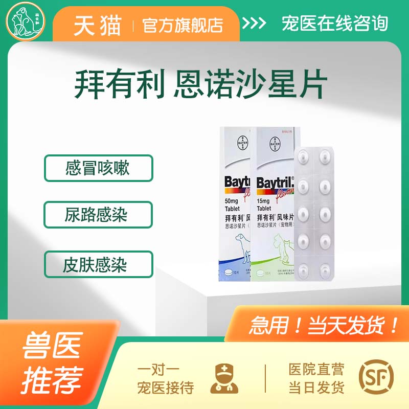 德国拜耳拜有利风味片犬猫宠物狗狗猫咪消炎药尿道炎恩诺沙星片剂