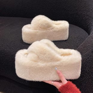 小码高跟毛毛拖鞋女秋冬外穿厚底2024新款婚纱神器松糕鞋增高9CM