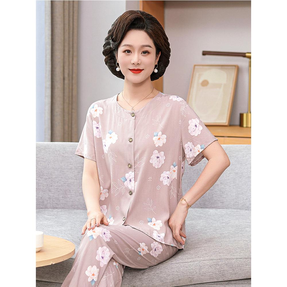 睡衣女款夏季妈妈开衫家居服套装绵绸可外穿中老年人造棉绸短袖薄