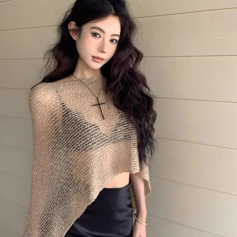 一衣多穿性感辣妹金色镂空透视防晒罩衫度假风针织衫披肩上衣女夏