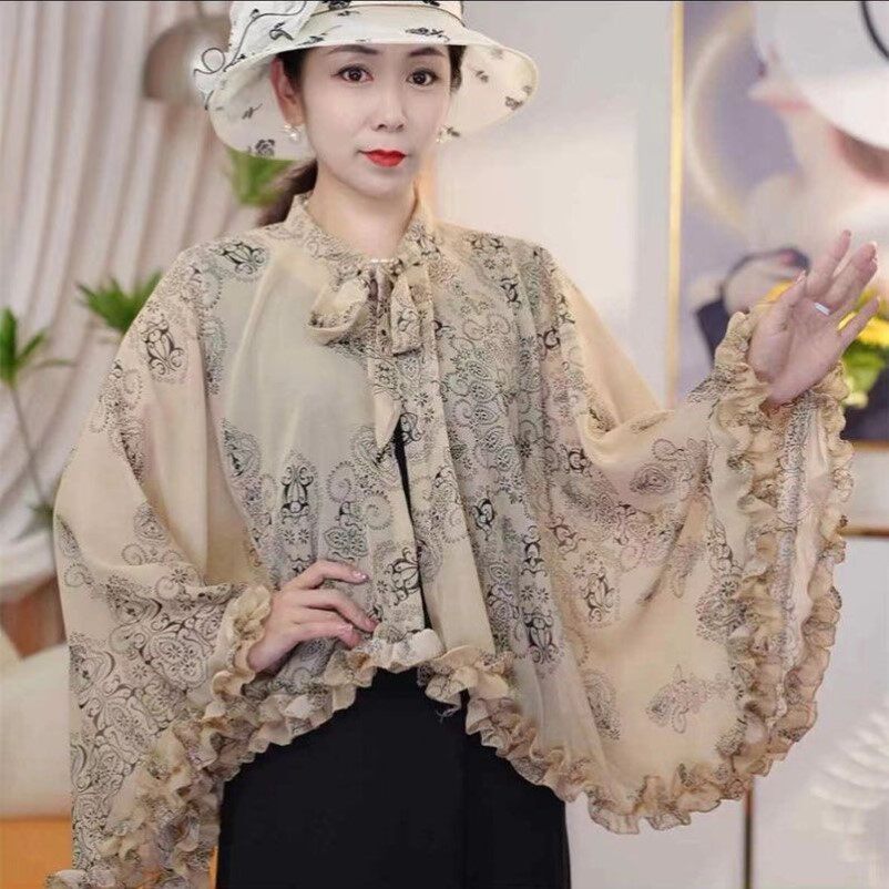 加大防晒披肩女印花新款骑车雪纺夏季开车紫外线沙滩遮阳丝巾斗篷
