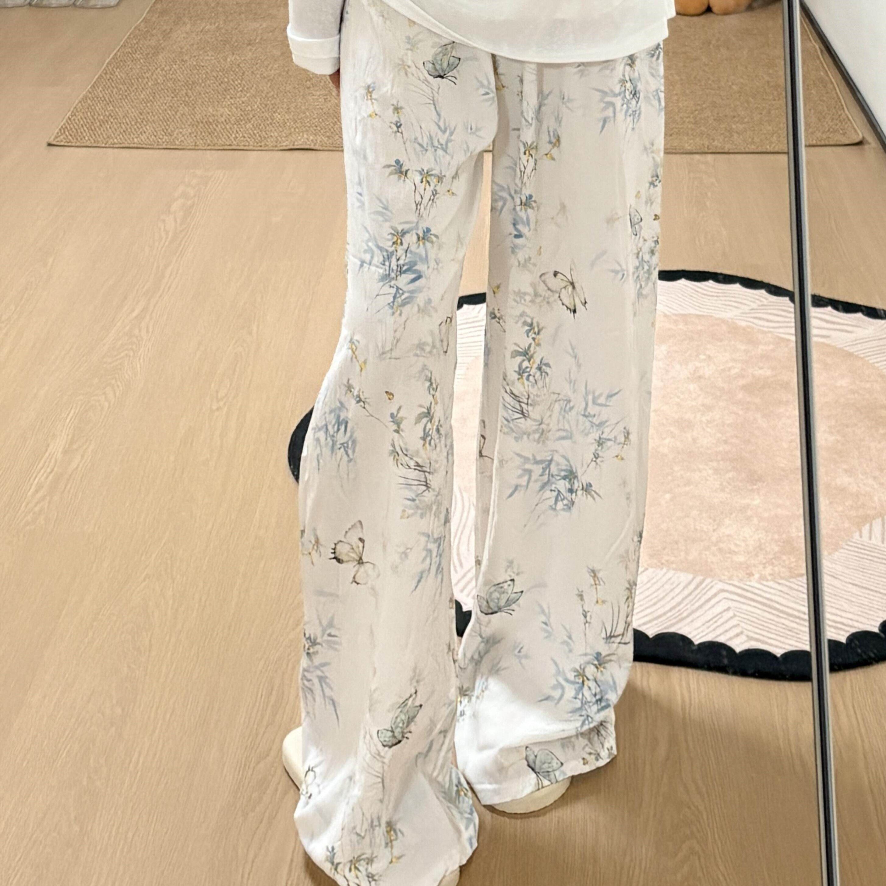 棉绸睡裤女夏薄款九分阔腿裤印花居家可外穿人造棉裤子加大码棉绸