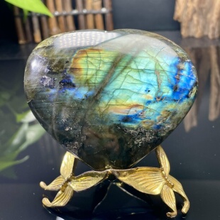 天然拉长石月光石多彩爱心心形摆件彩色水晶梦幻色多彩色把件