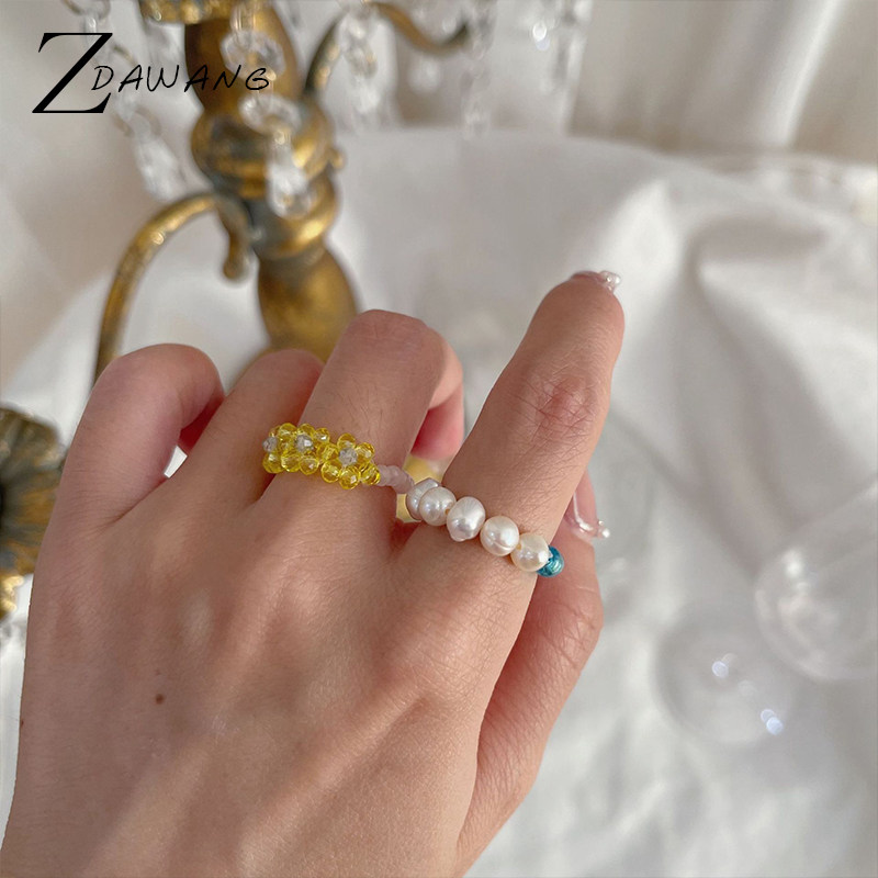 天然珍珠水晶串珠彩色戒指女弹力松紧可调节指环可爱甜美气质简约