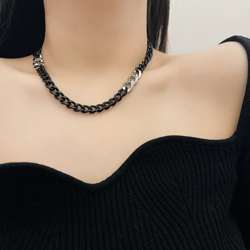 ins欧美嘻哈朋克镶钻古巴链项链颈链男女小众卫衣毛衣链百搭甜酷
