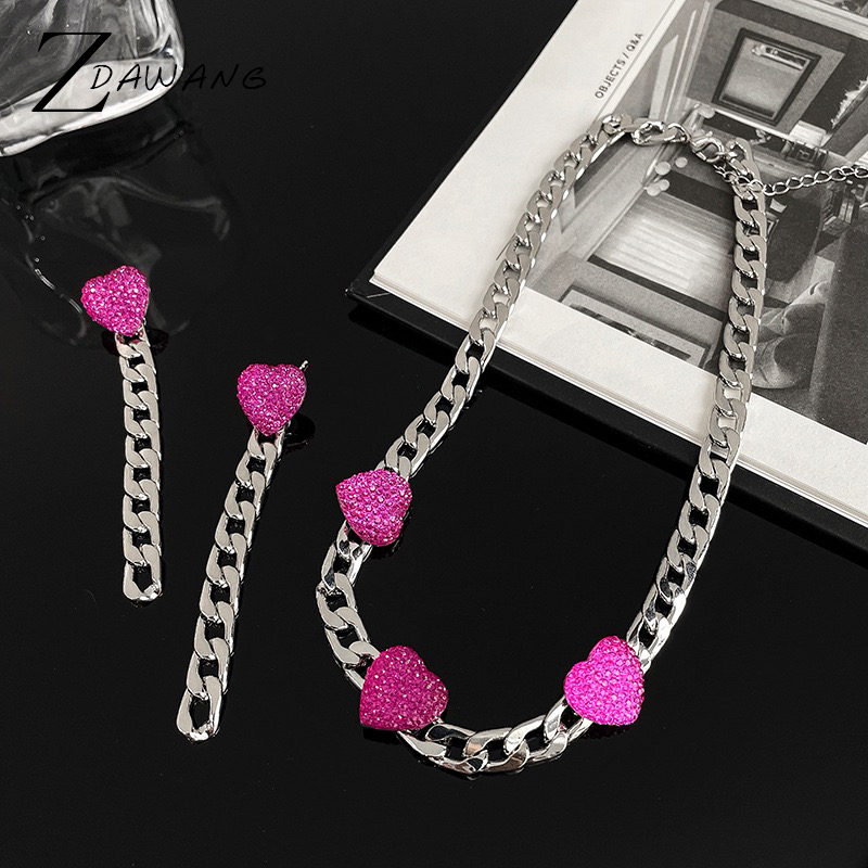 东大门甜美风立体玫红爱心形项链