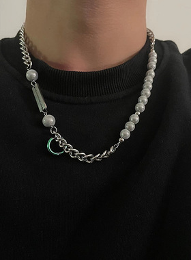 小众国潮反光珠钛钢拼接项链男女