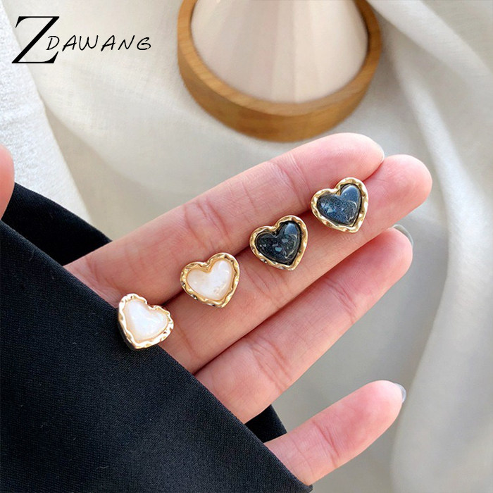 s925银针甜美黑白爱心形耳钉女耳环耳饰简约小巧淑女气质少女百搭