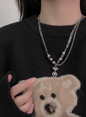 嘻哈潮酷链条小熊吊坠钛钢项链女
