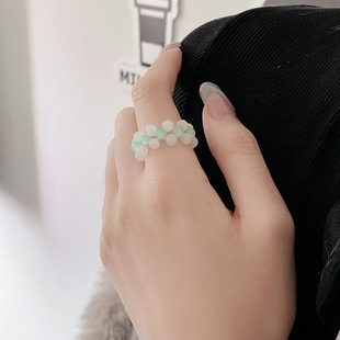 小众设计绿色圆串珠石戒指环女ins简约冷淡风弹力拉伸小清新百搭