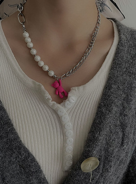 原创小众潮酷粉色小熊吊坠女项链