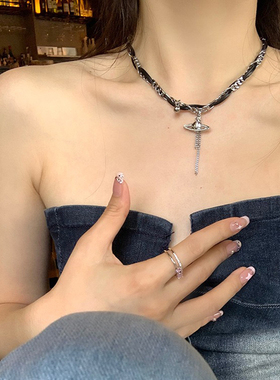 甜酷辣妹流苏环绕星球土星项链女