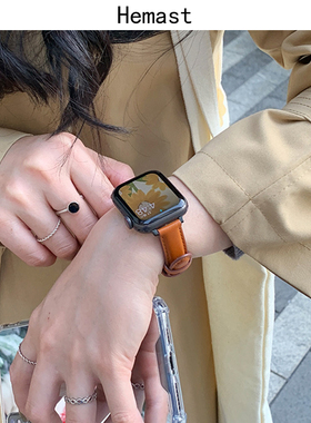 适用applewatch7真皮表带细款简约高级苹果手表iwatchse小众女6/5