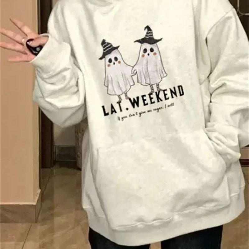PPHOME美式复古卡通字母印花连帽卫衣女秋季新款宽松显瘦百搭上衣