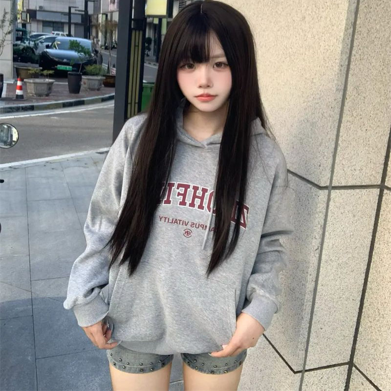 PPHOME美式复古字母印花连帽卫衣女秋季新款宽松显瘦百搭上衣外套