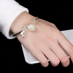 入梦 S990足银手镯子和田玉莲花蓬手环复古气质玉兰花手饰礼品女