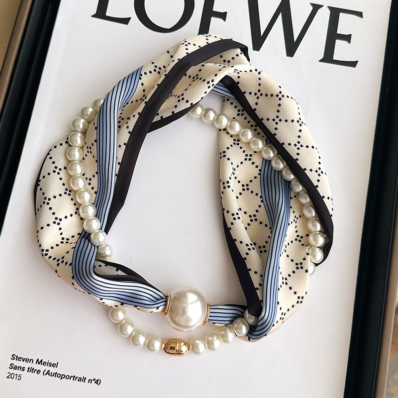 珍珠项炼磁吸扣系脖百搭小丝巾女护颈围脖子装饰锁骨搭配衬衫围巾